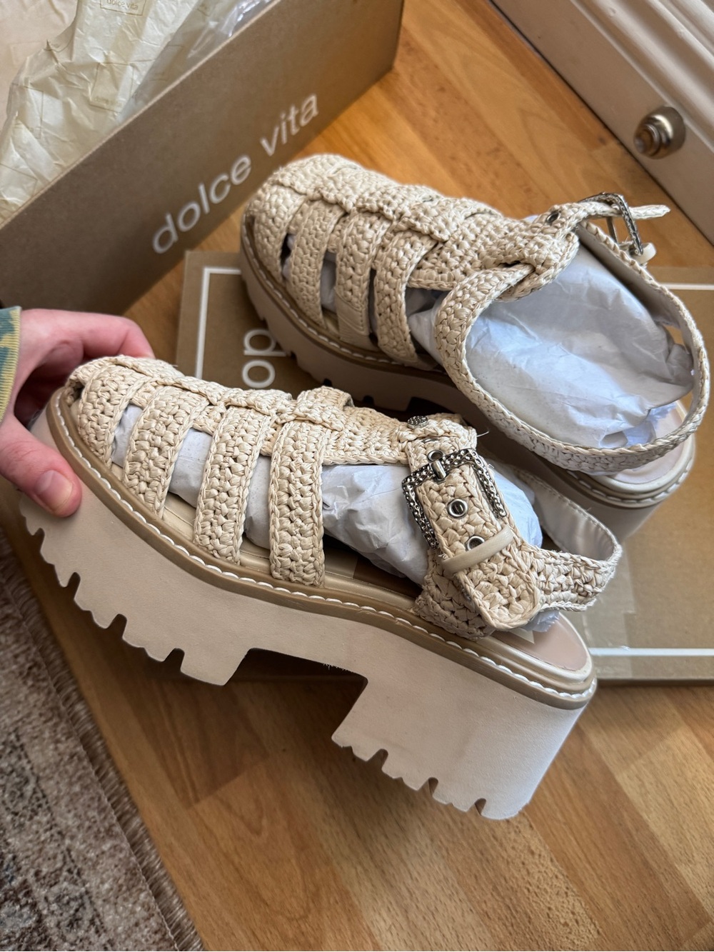 Dolce Vita Lasley raffia lattice Platform Sandals in the bone color
